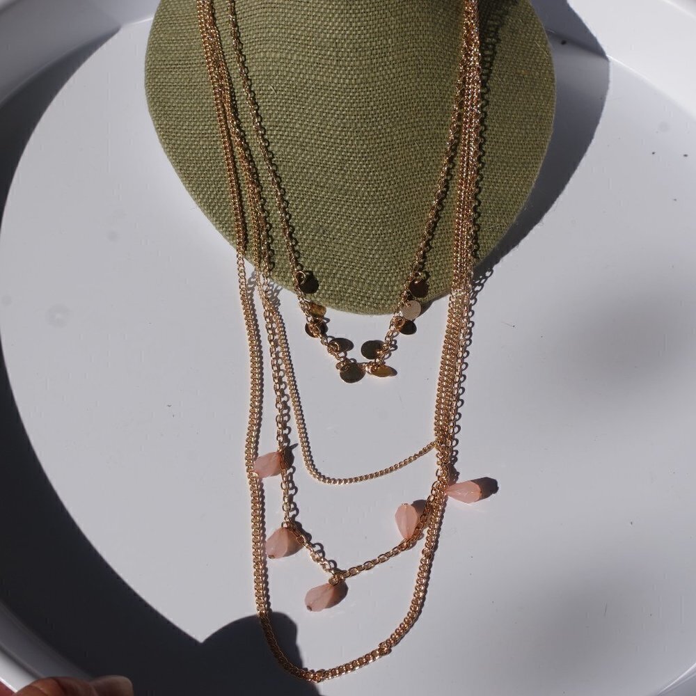 Women`S Gold Tone Pink Layered Chain Necklace.